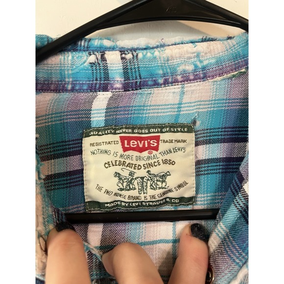 Levis Vintage 90s Y2k Distressed Plaid Pearl Snap Button Down Womans Large Blue‎ - Picture 3 of 8